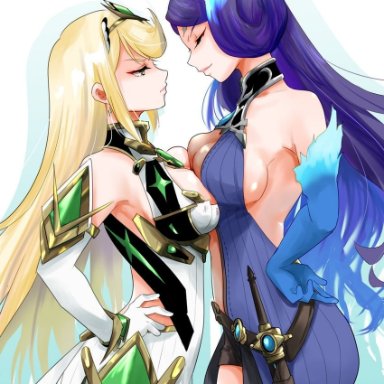 nayuta-kanata, xenoblade chronicles (series), xenoblade chronicles 2, brighid (xenoblade), mythra (xenoblade), 2girls, bangs, bare shoulders, blonde hair, breast press, breasts, center opening, chest jewel, cleavage, cleavage cutout