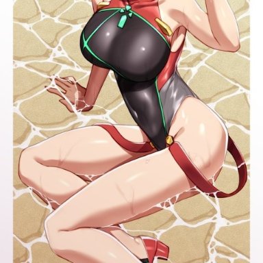tsukamoto kensuke, xenoblade chronicles (series), xenoblade chronicles 2, pyra (pro swimmer) (xenoblade), pyra (xenoblade), bangs, black swimsuit, breasts, chest jewel, competition swimsuit, covered collarbone, covered navel, eyebrows visible through hair, full body, gem