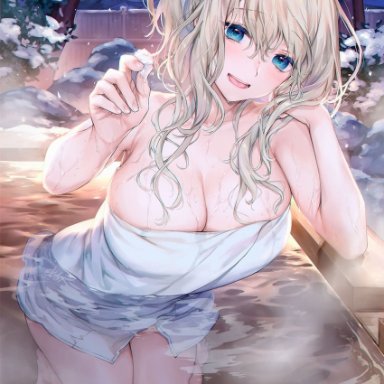 kaguyuzu, 1girl, :d, blonde hair, blue eyes, breasts, cleavage, large breasts, long hair, looking at viewer, naked towel, onsen, partially submerged, smile, solo