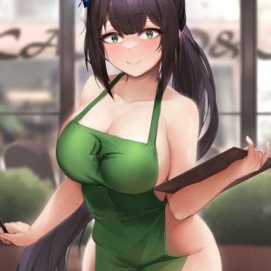 ka941, original, 1girl, apron, bangs, black hair, blurry, blurry background, blush, breasts, butterfly hair ornament, cafe, cleavage, closed mouth, collarbone