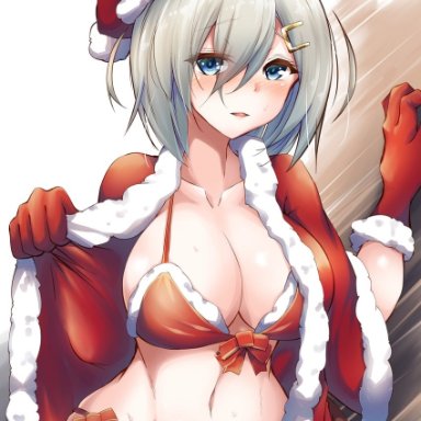 pulumelo, kantai collection, hamakaze (kancolle), bikini, blue eyes, breasts, cape, cleavage, collarbone, cowboy shot, fur-trimmed bikini, fur-trimmed cape, fur-trimmed gloves, fur trim, gloves