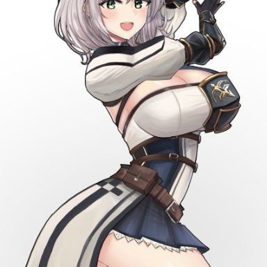 desspie, hololive, shirogane noel, 1girl, armor, armored dress, belt, belt pouch, braid, breasts, brown belt, cleavage cutout, clothing cutout, collared dress, dress