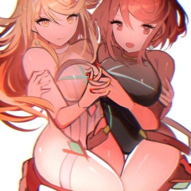 tarbo (exxxpiation), xenoblade chronicles (series), xenoblade chronicles 2, mythra (radiant beach) (xenoblade), mythra (xenoblade), pyra (pro swimmer) (xenoblade), pyra (xenoblade), bangs, blonde hair, breasts, chest jewel, gem, headpiece, large breasts, long hair