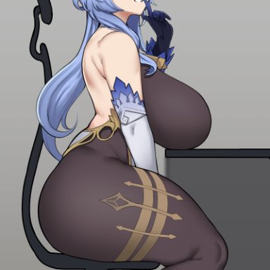 chamchami, genshin impact, ganyu (genshin impact), alternate breast size, ass, backless outfit, bare shoulders, bell, black bodysuit, blue hair, blush, bodice, bodysuit, breasts, breasts on table