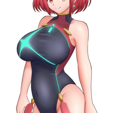 kiteman442, xenoblade chronicles (series), xenoblade chronicles 2, pyra (pro swimmer) (xenoblade), pyra (xenoblade), bangs, black swimsuit, breasts, chest jewel, competition swimsuit, covered collarbone, gem, headpiece, large breasts, one-piece swimsuit