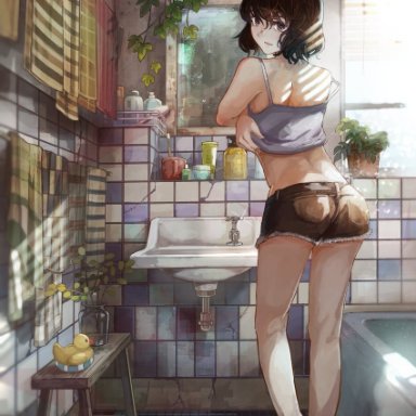 sakura inu (itoyatomo), original, 1girl, bangs, bare back, bare shoulders, barefoot, bathroom, bathtub, bench, black hair, blinds, bob cut, bottle, brown shorts