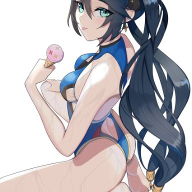 aquilar, genshin impact, mona (genshin impact), 1girl, alternate costume, ass, black hair, blue swimsuit, casual one-piece swimsuit, food, green eyes, ice cream, long hair, looking at viewer, one-piece swimsuit