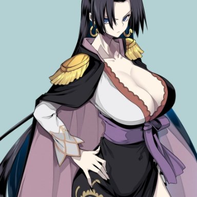 10mo, one piece, one piece: stampede, boa hancock, 1girl, bangs, black cape, black hair, blue eyes, breasts, cape, cleavage, collarbone, copyright name, covered navel