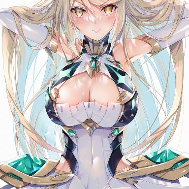 inoue takuya (tactactak), xenoblade chronicles (series), xenoblade chronicles 2, mythra (xenoblade), 1girl, armpits, arms behind head, arms up, bad anatomy, bangs, bare shoulders, blonde hair, blush, breasts, chest jewel