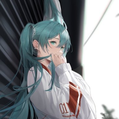 jenmin12, vocaloid, hatsune miku, 1girl, arm up, bangs, blurry, blurry background, depth of field, earrings, from side, green eyes, green hair, hair between eyes, hair ornament