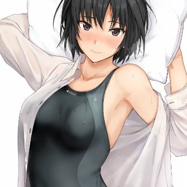 mobu, amagami, nanasaki ai, 1girl, black eyes, black hair, black swimsuit, bob cut, breasts, competition swimsuit, dress shirt, looking at viewer, medium breasts, one-piece swimsuit, pillow