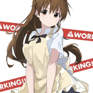 rauto, working!!, taneshima popura, 1girl, ahoge, apron, arched back, bangs, black bow, black bowtie, bow, bowtie, breasts, brown eyes, brown hair