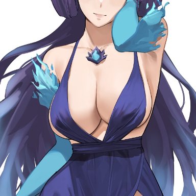 j@ck, xenoblade chronicles (series), xenoblade chronicles 2, brighid (xenoblade), 1girl, armpits, bangs, bare shoulders, blue fire, breasts, center opening, cleavage, closed eyes, collarbone, dress