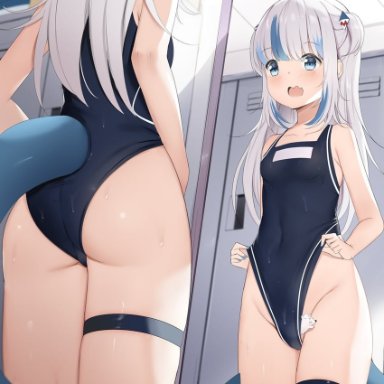 chintora0201, hololive, hololive english, gawr gura, 1girl, ahoge, animal, animal in clothes, ass, bangs, bare arms, bare shoulders, blue eyes, blue nails, blue swimsuit