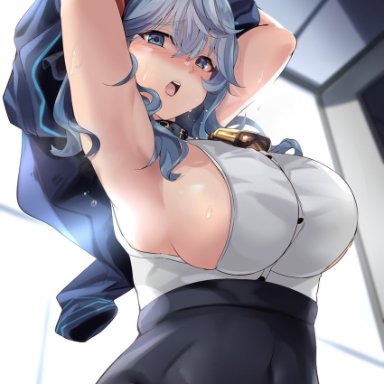 endou (zettai bluenoid), blue archive, ako (blue archive), 1girl, arms up, bell, blue eyes, blue hair, blue jacket, breasts, covered navel, cowbell, eyebrows visible through hair, from below, garter straps