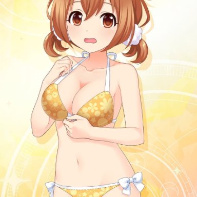alternative girls, momoi hina, 1girl, bare arms, bikini, breasts, brown eyes, brown hair, cleavage, eyebrows visible through hair, floral print, hand on own chest, looking at viewer, open mouth, solo