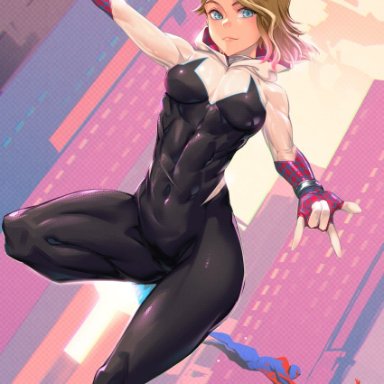 mikel (4hands), marvel, spider-man: across the spider-verse (part one), spider-man: into the spider-verse, spider-man (series), gwen stacy, spider-gwen, spider-man (2099), spider-man (miles morales), 1girl, 2boys, abs, blonde hair, blue eyes, breasts