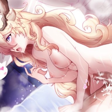 ddddecade, arknights, vivienne (arknights), 1boy, 1girl, after sex, after vaginal, animal ears, blonde hair, blush, breasts, censored, completely nude, cowgirl position, cum
