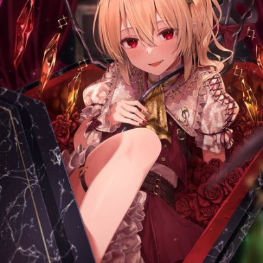 greenkohgen, touhou, flandre scarlet, 1girl, ascot, bangs, belt, blonde hair, blurry, blurry background, blurry foreground, blush, bow, buckle, buttons
