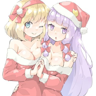 arnest, touhou, alice margatroid, patchouli knowledge, 2girls, arm up, bangs, bare shoulders, blonde hair, blue eyes, blush, bow, breasts, cleavage, closed mouth