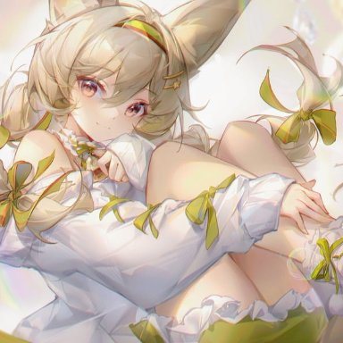 irisrey, arknights, beanstalk (arknights), beanstalk (gift uncompleted) (arknights), 1girl, animal ear fluff, animal ears, artist name, bangs, bare shoulders, bell, bow, closed mouth, detached sleeves, eyebrows visible through hair