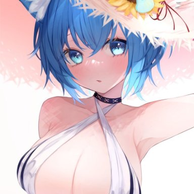 irisu-chan (yumemiruk), animare, souya ichika, 1girl, :o, animal ear fluff, animal ears, bikini, bikini top, blue eyes, blue hair, blush, breasts, cat ears, flower