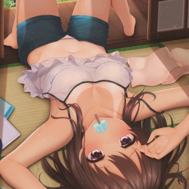 minato ojitan, original, 1girl, arms up, bangs, bare arms, bare shoulders, barefoot, black shorts, blush, breasts, brown eyes, brown hair, camisole, cellphone