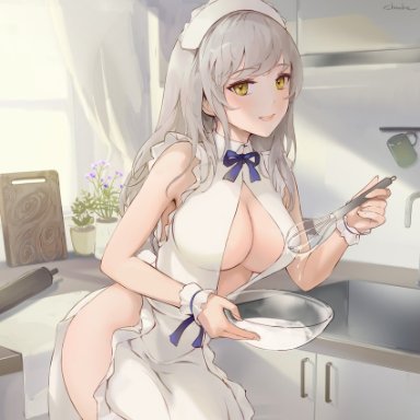 chowbie, original, 1girl, apron, artist name, baking, bow, bowtie, breasts, cleavage, cleavage cutout, clothing cutout, cutting board, eyebrows visible through hair, frilled sleeves