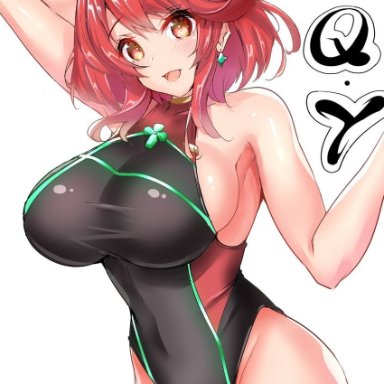 sankakusui, xenoblade chronicles (series), xenoblade chronicles 2, pyra (pro swimmer) (xenoblade), pyra (xenoblade), bangs, black swimsuit, breasts, chest jewel, competition swimsuit, covered collarbone, gem, headpiece, large breasts, one-piece swimsuit