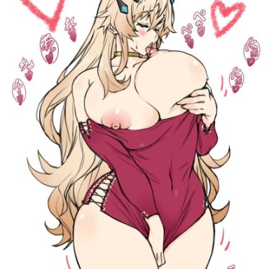 shikishima gangu, fate/grand order, fate (series), fairy knight gawain (fate), 1girl, bangs, bare shoulders, blonde hair, breasts, cleavage, closed eyes, collarbone, cross-laced clothes, horns, huge breasts