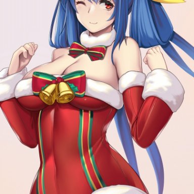 takanashi-a, guilty gear, dizzy (guilty gear), 1girl, bangs, bare shoulders, blue hair, bow, bowtie, breasts, christmas, cleavage, collar, detached sleeves, dress