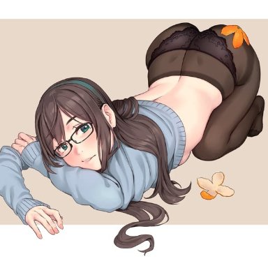 yuuji (and), kantai collection, ooyodo (kancolle), 1girl, alternate costume, ass, back, black legwear, blush, breasts, brown hair, clothes pull, eyebrows visible through hair, glasses, green eyes