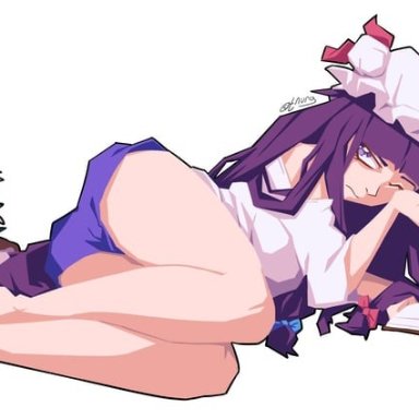 grunt (tnurg), touhou, patchouli knowledge, 1girl, alternate costume, ass, bangs, barefoot, blue bow, blunt bangs, book, book stack, bow, cel shading, closed mouth