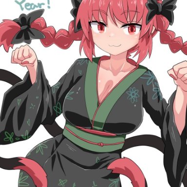 chups, touhou, kaenbyou rin, 1girl, :3, adapted costume, animal ear fluff, animal ears, bangs, black bow, black kimono, bow, braid, breasts, cat ears