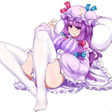 pan-ooh, touhou, patchouli knowledge, 1girl, bangs, blue bow, blunt bangs, book, bow, breasts, capelet, cleavage, crescent, crescent hat ornament, crescent pin