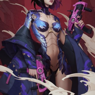 wushenyou, fate/grand order, fate (series), shuten douji (fate), 1girl, alternate universe, android, bangs, black hair, breasts, colored inner hair, cyberpunk, dual wielding, eyeshadow, finger on trigger
