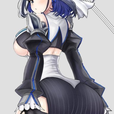 desspie, hololive, hololive english, ouro kronii, asymmetrical clothes, black gloves, black legwear, blue cape, blue hair, blue ribbon, breasts, cape, chain, detached sleeves, gloves