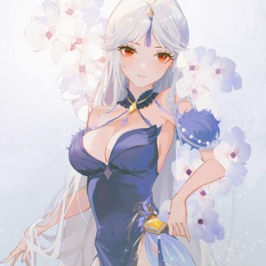 yutou75, genshin impact, ningguang (genshin impact), ningguang (orchid's evening gown) (genshin impact), 1girl, bare shoulders, blue dress, breasts, cleavage, dress, flower, hair ornament, hand in hair, large breasts, red eyes