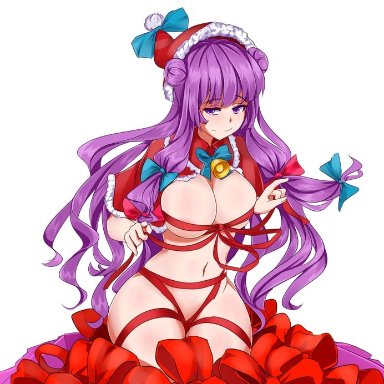 pan-ooh, touhou, patchouli knowledge, 1girl, bangs, bare shoulders, bell, bow, breasts, capelet, cleavage, closed mouth, collarbone, convenient censoring, cowbell