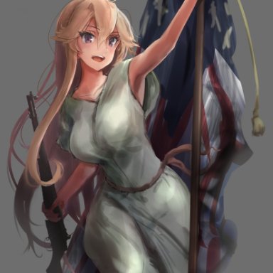 haruto (harut n), kantai collection, liberty leading the people, iowa (kancolle), 1girl, alternate costume, alternate eye color, american flag, blonde hair, breasts, dress, flag, gun, holding, holding flag