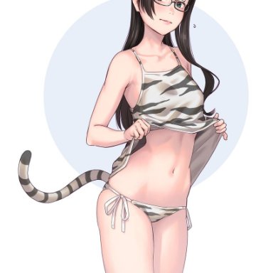 yuuji (and), kantai collection, ooyodo (kancolle), 1girl, animal ears, animal print, bare arms, bare legs, bare shoulders, black-framed eyewear, black hair, blush, closed mouth, clothes lift, collarbone
