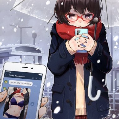 dojirou, original, 1boy, 1girl, bangs, black hair, blue coat, blush, brown eyes, brown sweater, buttons, cellphone, cellphone picture, closed mouth, coat