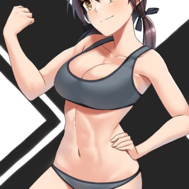 hiroshi (hunter-of-kct), strike witches, world witches series, gertrud barkhorn, 1girl, abs, blush, bra, breasts, brown eyes, brown hair, cleavage, clenched hand, flexing, grey bra