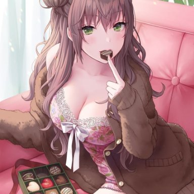 aimori meguru, original, 1girl, blush, box, box of chocolates, breasts, candy, cardigan, chocolate, cleavage, come hither, couch, finger to mouth, floral print