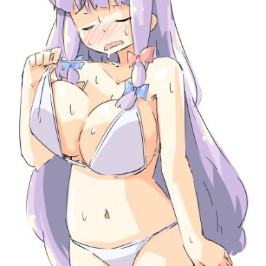 arnest, touhou, patchouli knowledge, 1girl, bangs, bikini, blue bow, blush, bow, breasts, cleavage, closed eyes, collarbone, crescent, crescent hair ornament