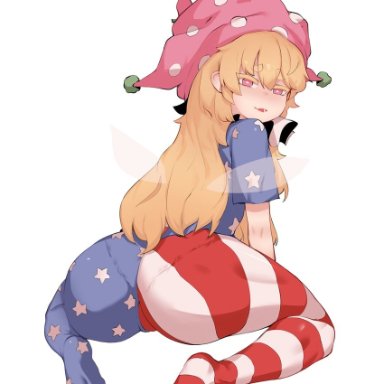 doro au, touhou, clownpiece, 1girl, american flag legwear, ass, blonde hair, colored eyelashes, eyebrows visible through hair, fairy wings, hat, jester cap, long hair, looking at viewer, looking back
