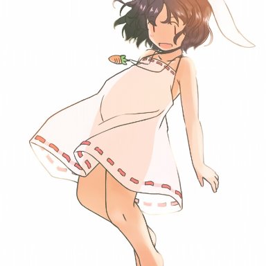 rangycrow, touhou, inaba tewi, 1girl, :d, adapted costume, alternate costume, animal ears, arm at side, armpit crease, backlighting, bangs, bare arms, bare shoulders, barefoot