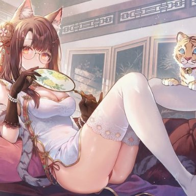 lino chang, original, 1girl, animal ears, ass, bare shoulders, bead bracelet, beads, black gloves, bracelet, breasts, brown hair, china dress, chinese clothes, chinese zodiac