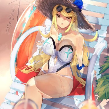 omikuji (6954), xenoblade chronicles (series), xenoblade chronicles 2, mythra (radiant beach) (xenoblade), mythra (xenoblade), 1girl, bangs, blonde hair, breasts, chest jewel, gem, headpiece, large breasts, long hair, one-piece swimsuit