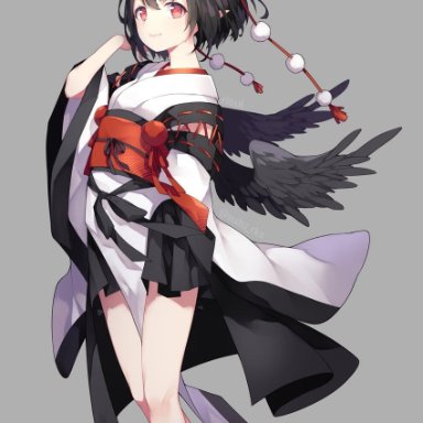 risui (suzu rks), touhou, shameimaru aya, 1girl, arm up, bangs, bird wings, black hair, black wings, blush, breasts, closed mouth, cross-laced clothes, feathered wings, feet out of frame